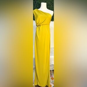 BCBGMaxazria Snejana Mustard Yellow One Shoulder Maxi Evening Gown Size XS